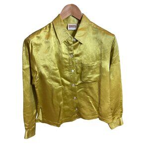Chicos Designs Bright Green Long Sleeve Silk Blend Button Up Blouse Top Sz S